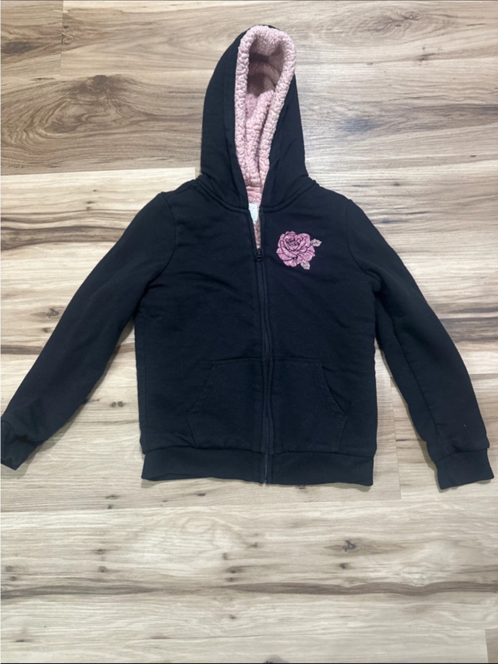 The Children's Place Black Zip Hoodie with Pink Sherpa Hood and Rose Patch